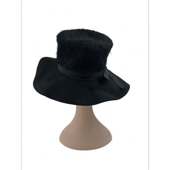 Vintage 1960's Black Wide Brim Hat Boucle Crown Mod Wool Felt Ribbon Bow Glam - Picture 7 of 11